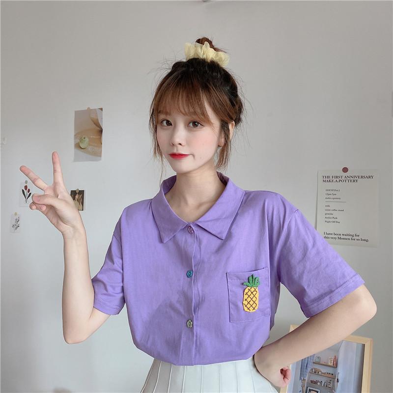 Women's Cute Pineapple Embroidered Shirts-Kawaiifashion