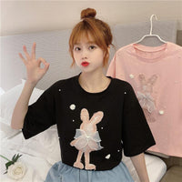 Women's Cute Rabbit Lace Bowknot Beads T-shirts-Kawaiifashion