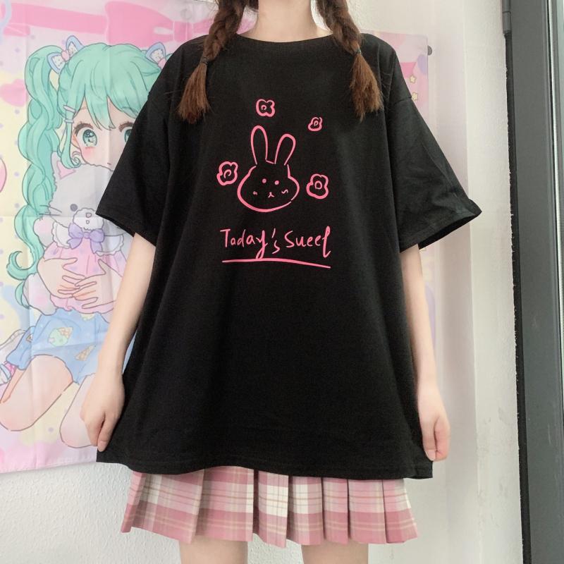 T-shirt larghe stampate con coniglio carino da donna-Kawaiifashion
