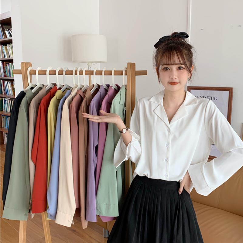 Lindas camisas de manga larga de color sólido para mujer-Kawaiifashion