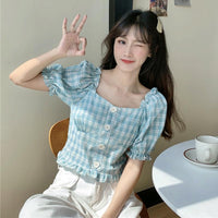 Women's Cute Square Collar Slim-cut Plaid Shirts-Kawaiifashion