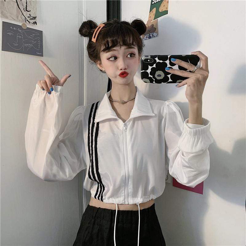 Women's Cute Stand Collar Stripes Zipper Shirts-Kawaiifashion