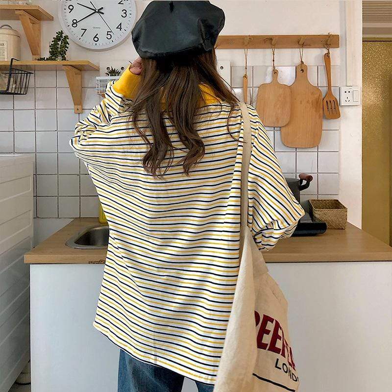 Women's Cute Turtleneck Contrast Color Striped Shirts-Kawaiifashion