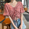 Women's Cute V-neck Drawstring Plaid Shirts-Kawaiifashion