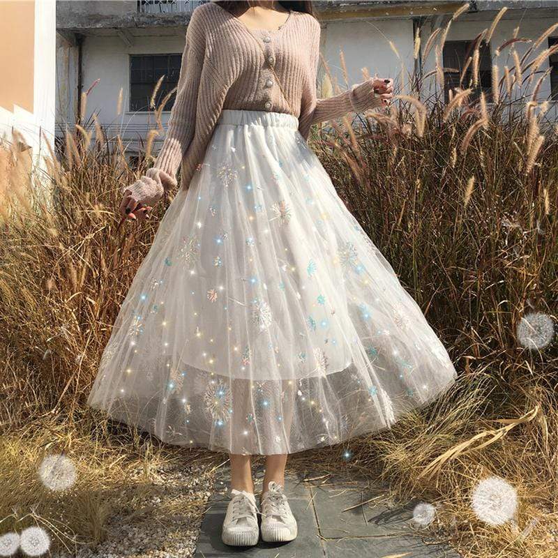 レディースタンポポ刺繍多層スカート-かわいいファッション