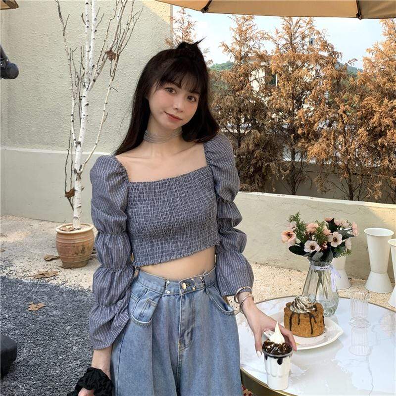 Women's French Style Toned Horn Sleeved Shirring Tops-Kawaiifashion