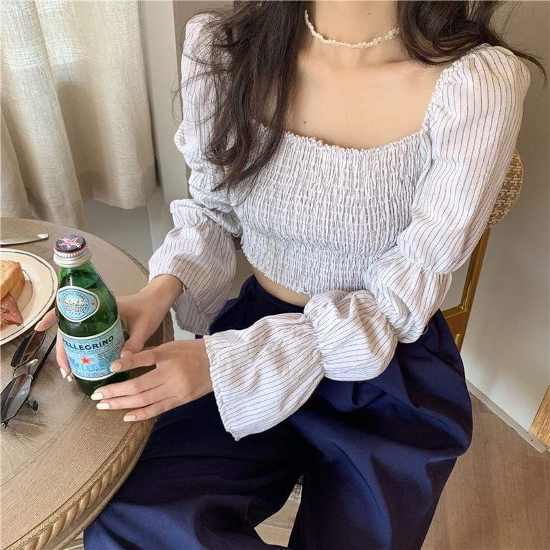 Women's French Style Toned Horn Sleeved Shirring Tops-Kawaiifashion