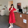 Women's French-style Turn-down Collar Pure Color Dresses-Kawaiifashion