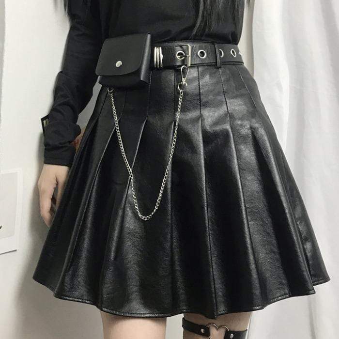 レディースゴシックフェイクレザープリーツスカートチェーン付き-かわいいファッション