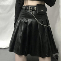 レディースゴシックフェイクレザープリーツスカートチェーン付き-かわいいファッション