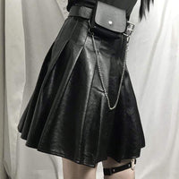 Women's Gothic Faux Leather Pleated Skirts With Chain-Kawaiifashion