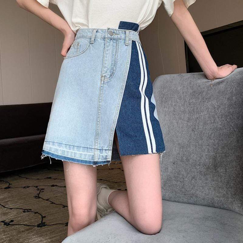 Women's Harajuku Asymmetric Denim Spliced A-line Skirts-Kawaiifashion