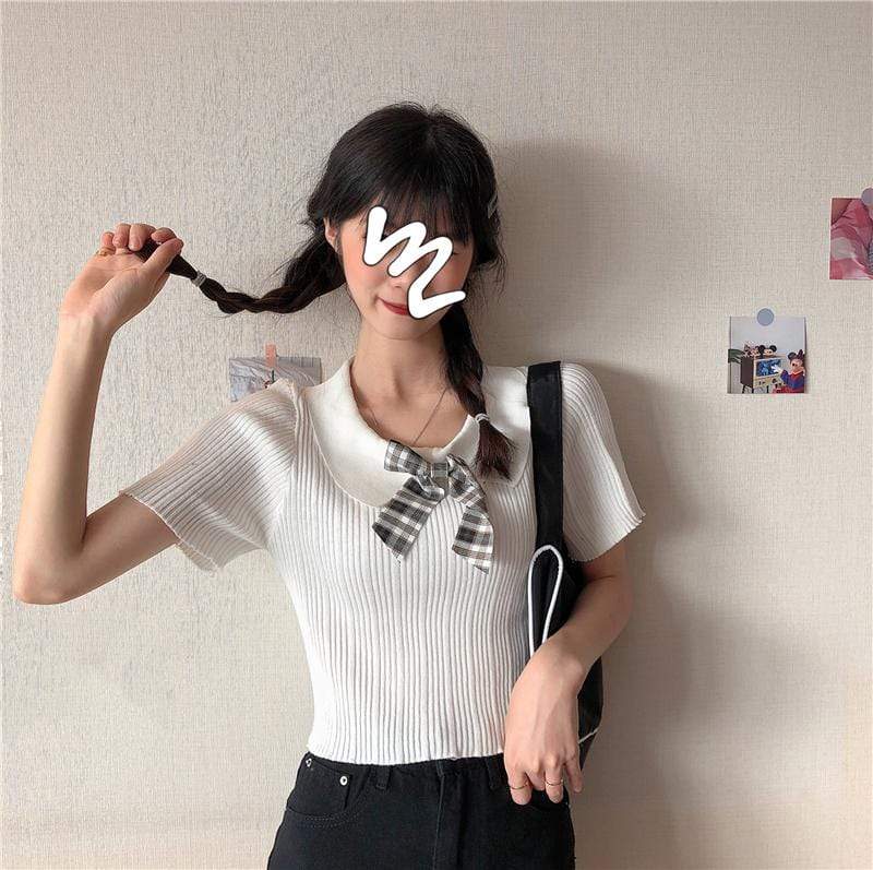 Women's Harajuku Bowknot Slim Fitted Kintted Shirts-Kawaiifashion