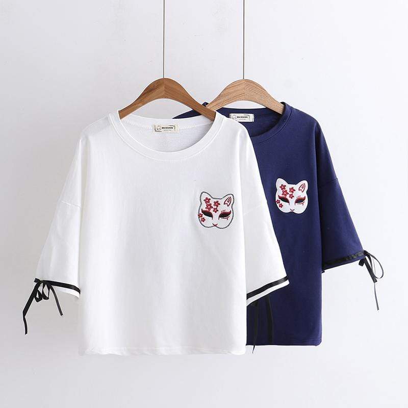 Kawaiifashion T-shirts de couleur pure imprimés avec masque de chat Harajuku pour femmes