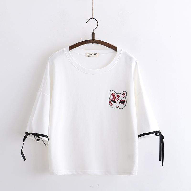 Kawaiifashion T-shirts de couleur pure imprimés avec masque de chat Harajuku pour femmes