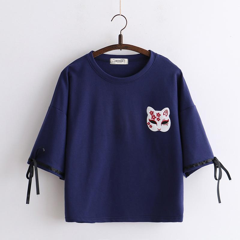 Kawaiifashion - Máscara de gato Harajuku para mujer con estampado de camisetas de color puro