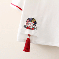 Kawaiifashion T-shirts à manches rayées de couleur contrastée imprimé chat Harajuku pour femmes avec pompons
