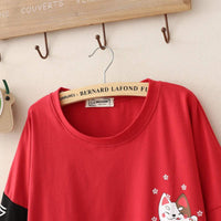Kawaiifashion T-shirts à manches trois-quarts imprimés de chat Harajuku pour femmes
