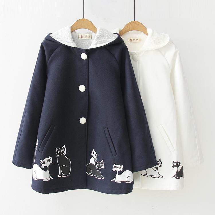 Kawaiifashion Manteaux d'hiver à boutonnage simple Harajuku Cats pour femmes