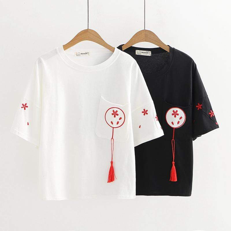 Kawaiifashion Damen Harajuku Fan bedruckt mit Quasten Sakura bedruckte T-Shirts mit Ärmeln