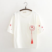 Camisetas con mangas estampadas de Sakura con borlas y abanico Harajuku para mujer de Kawaiifashion