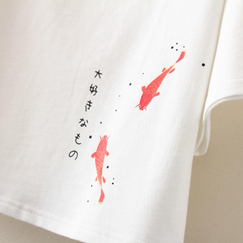 T-shirt con bottoni stampati con pesci Harajuku da donna Kawaiifashion
