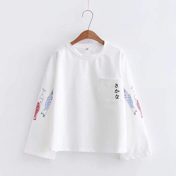 Kawaiifashion Women's Harajuku Fishes Printed Sleeved Loose Sweaters