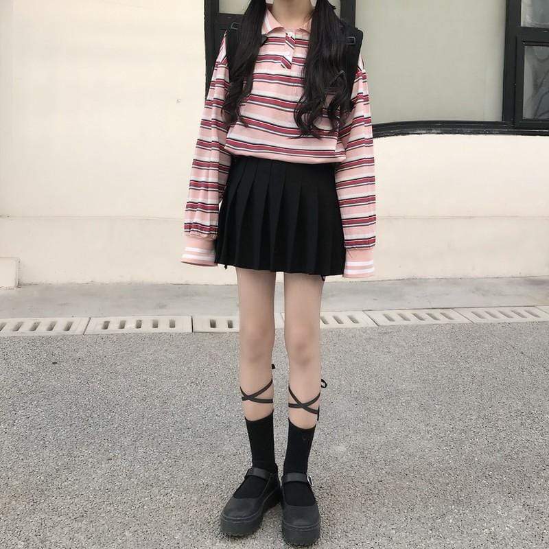Women's Harajuku Long Sleeved Striped Shirts-Kawaiifashion