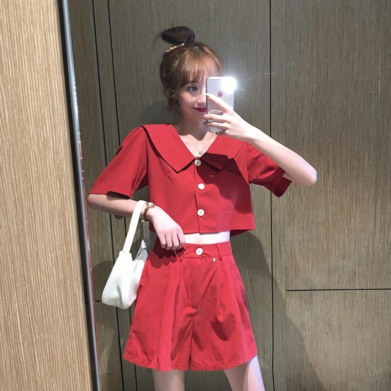 Chemises à col Claudine et shorts de couleur pure Harajuku pour femmes