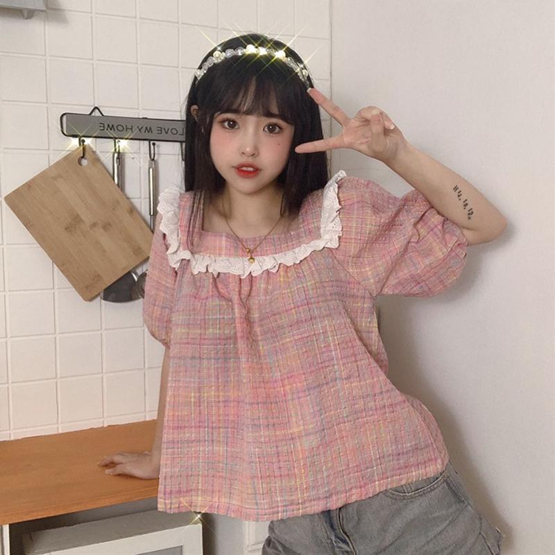 Camisas a cuadros con mangas abullonadas y cuello cuadrado Harajuku para mujer-Kawaiifashion