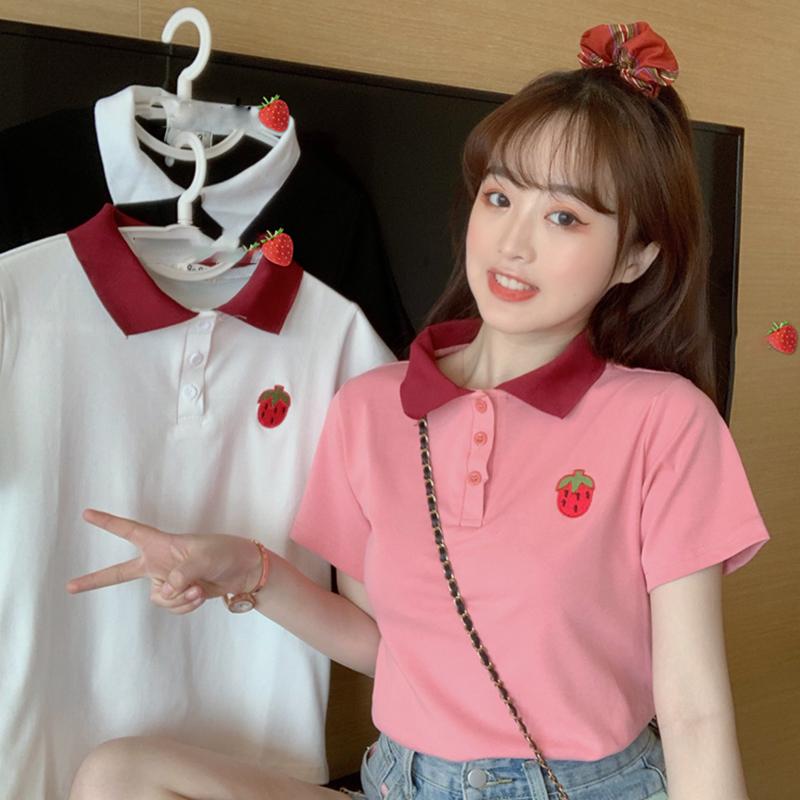 Camisa de POLO con estampado de fresa Harajuku para mujer-Kawaiifashion
