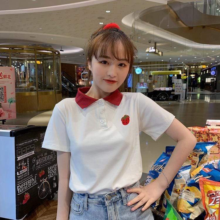 Camisa de POLO con estampado de fresa Harajuku para mujer-Kawaiifashion