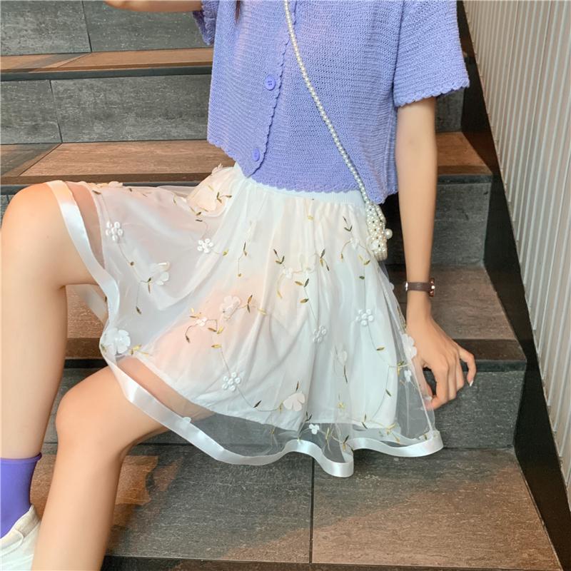 レディースハイウエスト花柄刺繍メッシュスカート-かわいいファッション
