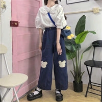Pantalones sueltos con bordado de oso Kawaii para mujer-Kawaiifashion