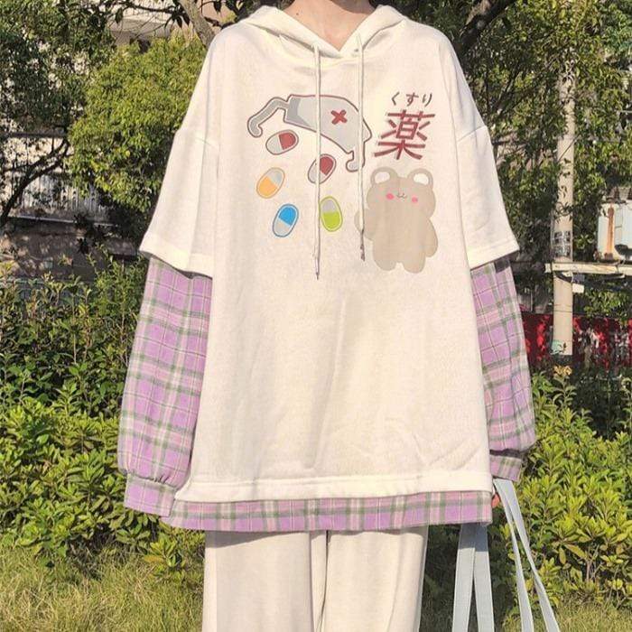 Sweats à capuche Kawaii Bear pour femmes Spliting Plaid Shirts
