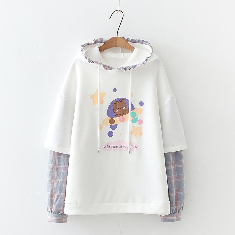Kawaiifashion - Sudaderas con capucha de nave espacial Kawaii Bear para mujer, camisas a cuadros con empalme