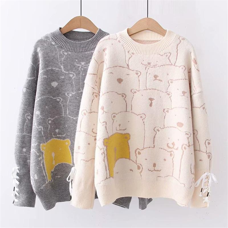 Kawaiifashion Damen-Pullover mit Kawaii-Bären-Emoji-Schnürärmeln