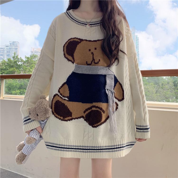 Kawaiifashion Damen-Pullover mit Kawaii-Big-Bär-Stickerei und Streifensaum