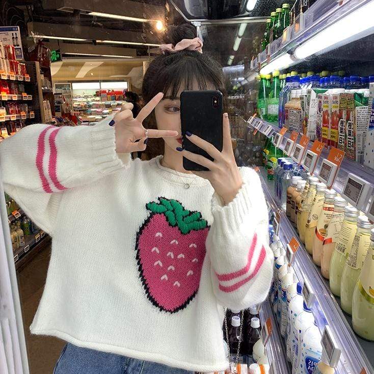 Женские свитера в полоску с вышивкой в ​​полоску Kawaiifashion Kawaii Big Strawberry