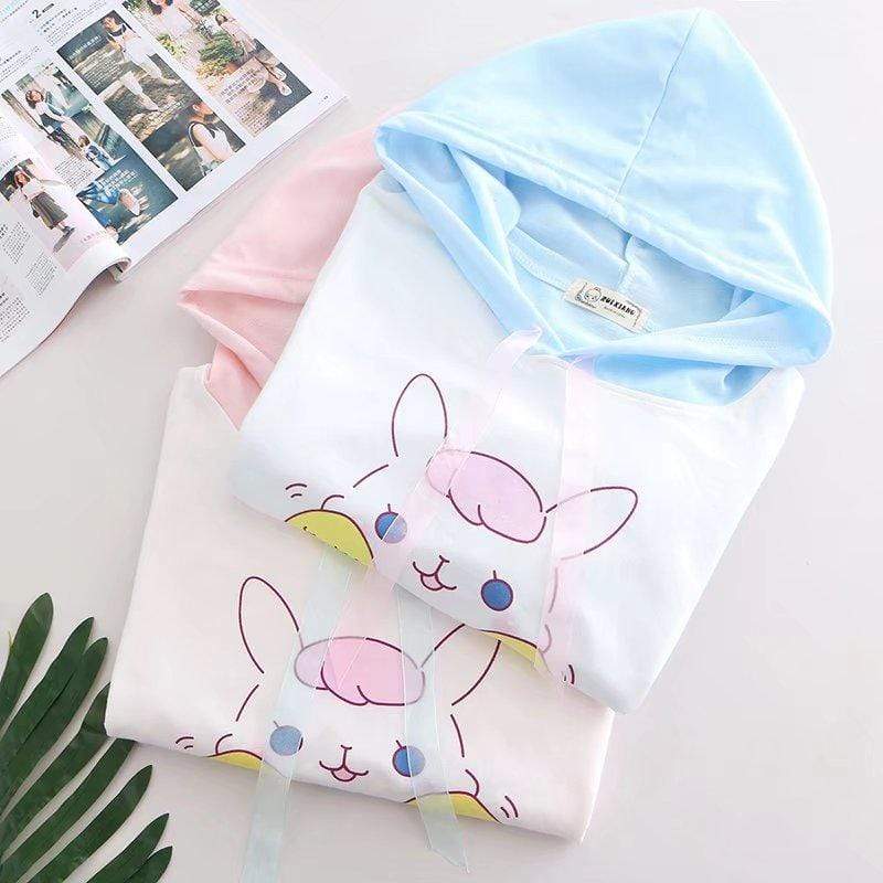 Kawaiifashion Women's Kawaii Bunny And Japanese Printed Contrast Color Hoodies
