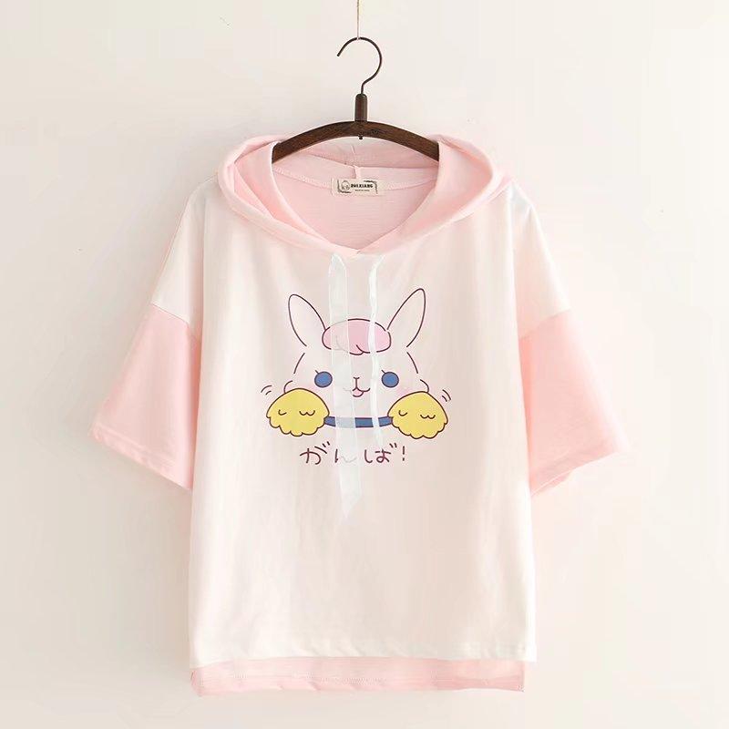 Kawaiifashion Women's Kawaii Bunny And Japanese Printed Contrast Color Hoodies