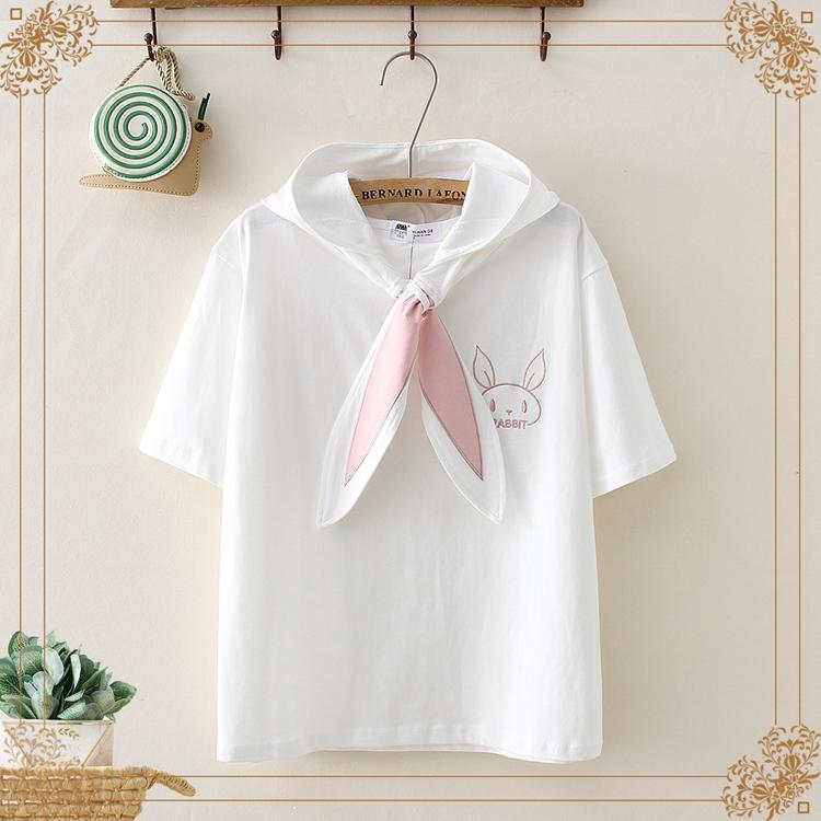 T-shirt stampate con coniglio con lacci e orecchie da coniglio Kawaiifashion da donna con cappuccio