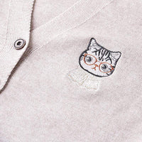 Kawaiifashion - Cardigans con dobladillo de color puro con bolsillo bordado de gato Kawaii para mujer