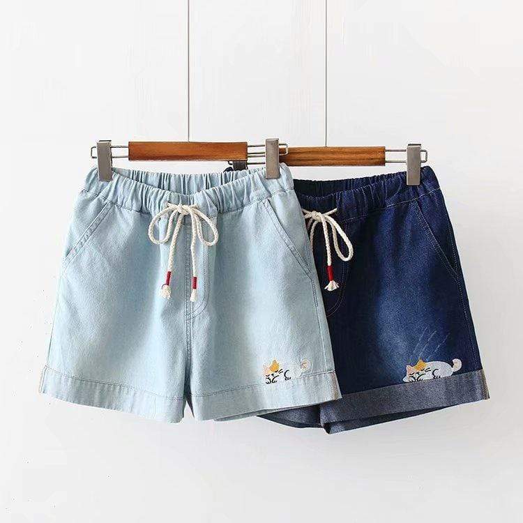 Kawaiifashion Damen-Jeans mit Kawaii-Katze-Stickerei und elastischem Kordelzug