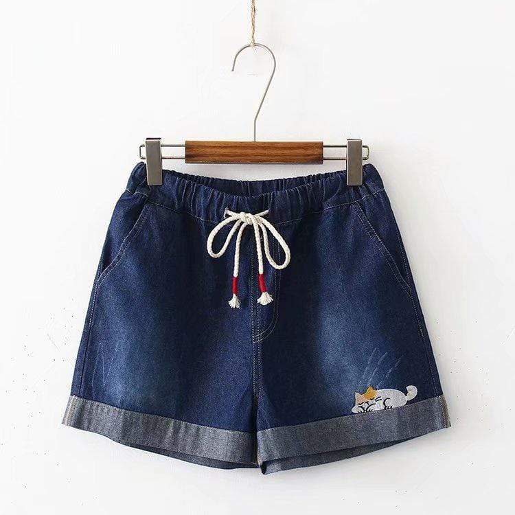 Kawaiifashion Women's Kawaii Cat Embroidered Short Jeans With Drawstring Elastic  