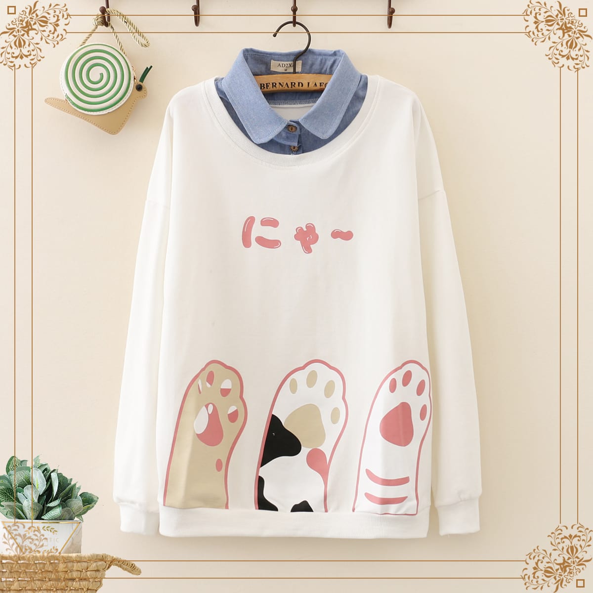 Kawaiifashion Damen Kawaii Cat Pads Bedruckte Pullover Spleißhemden