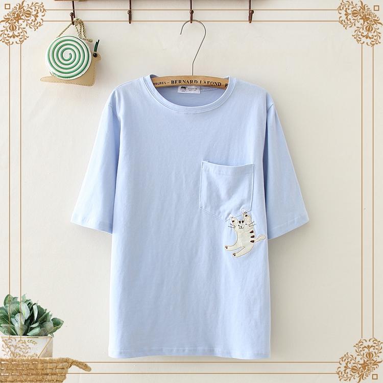 Kawaiifashion Damen-T-Shirts Kawaii Cat Pocket in reinen Farben