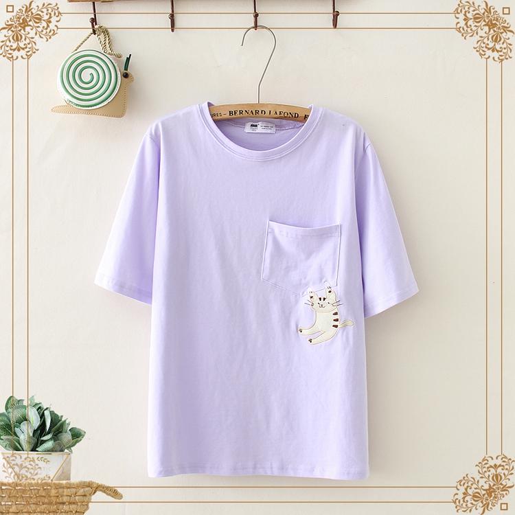 T-shirt Kawaiifashion da donna Kawaii Cat Pocket Pure Color