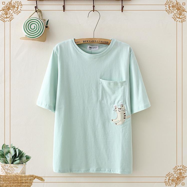 Kawaiifashion T-shirts de couleur pure avec poche pour chat Kawaii pour femme