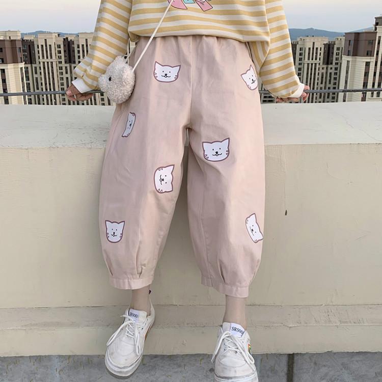 Kawaiifashion - Pantalones de color puro con estampado de gatos Kawaii para mujer